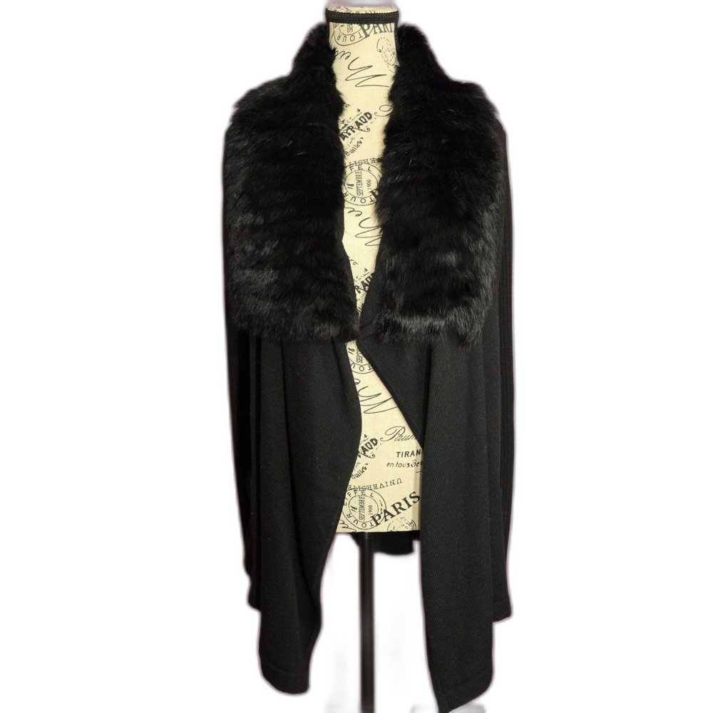 FATE black real angora fur trim Open Front cardigan Sweater Pockets Large